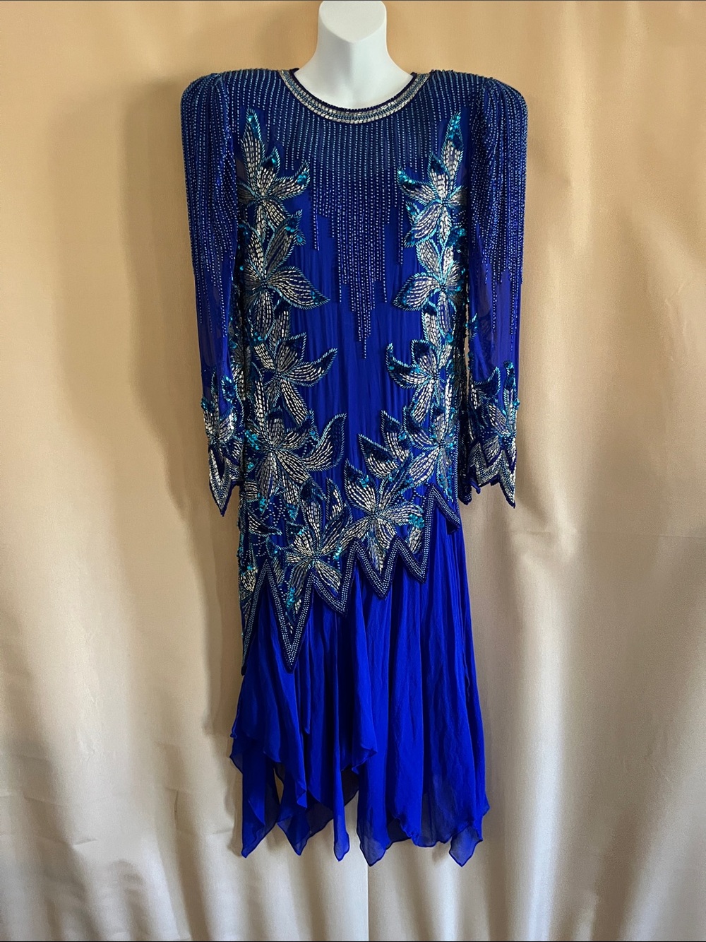 Beaded Royal Blue Asymmetrical Evening Dress